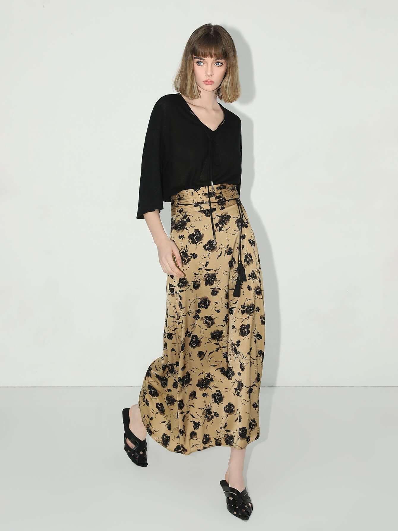 Fringe Tassel High-Waist Floral Pleated Midi Skirt-1