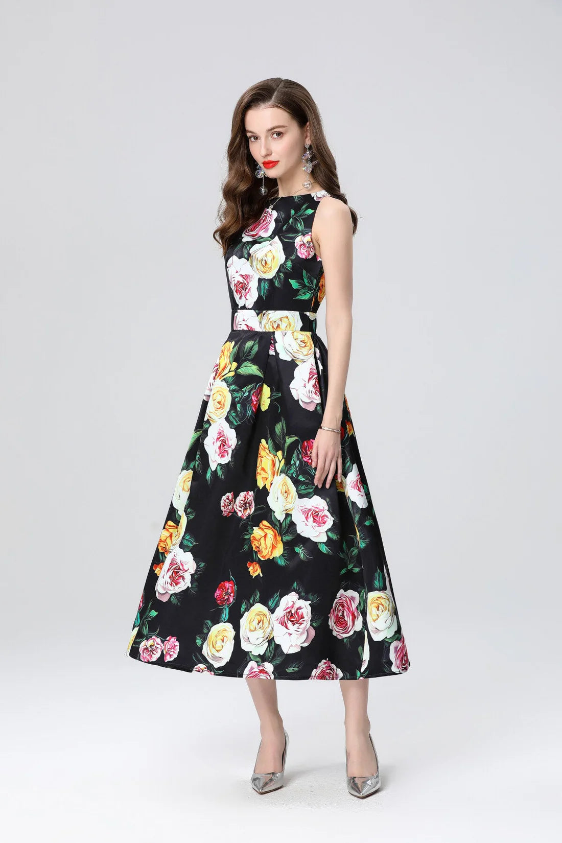 Garden Floral Structured Sleeveless High Waisted A Line Dress