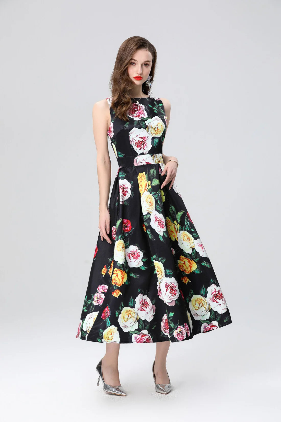 Garden Floral Structured Sleeveless High Waisted A Line Dress