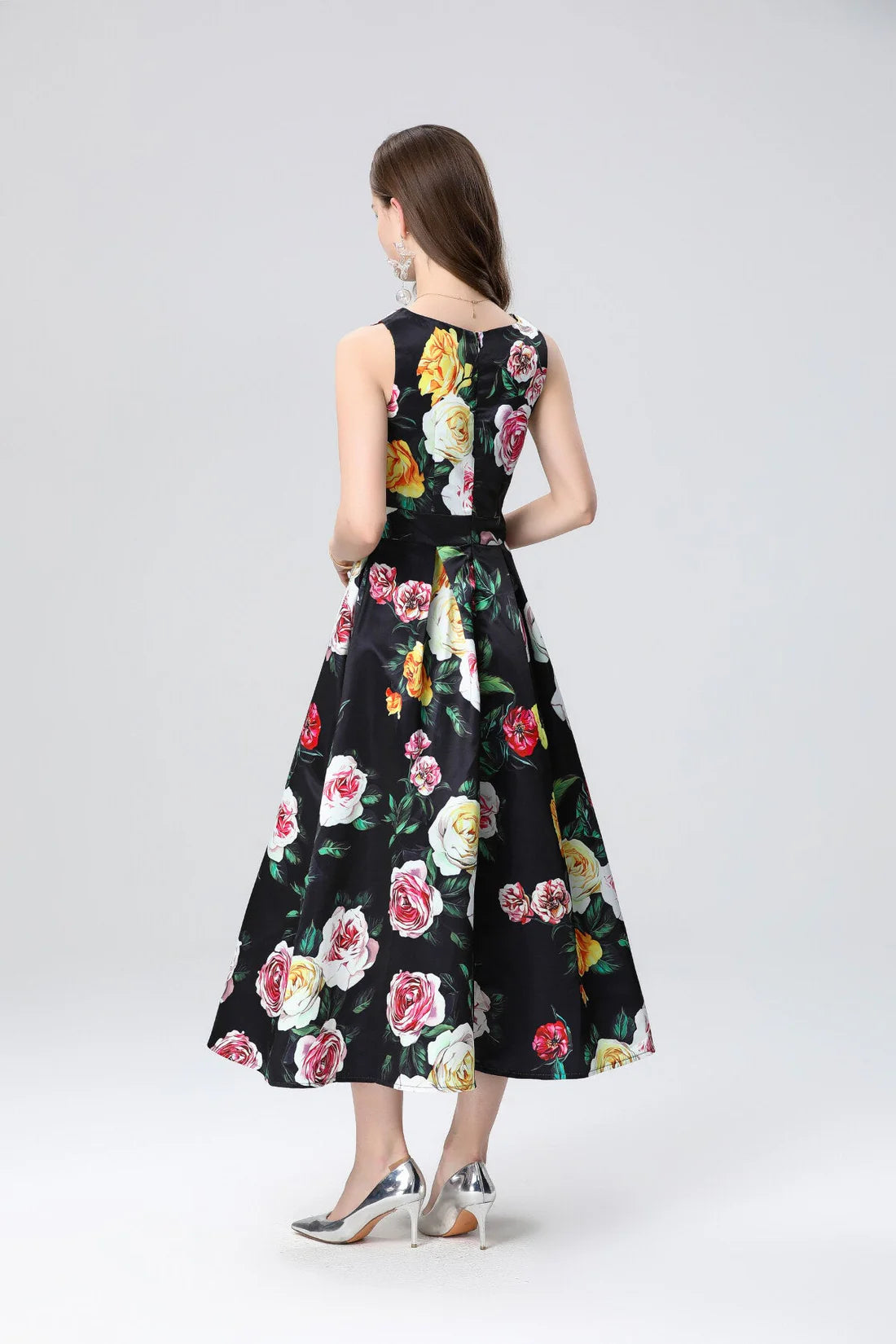 Garden Floral Structured Sleeveless High Waisted A Line Dress