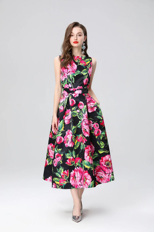 Garden Floral Structured Sleeveless High Waisted A Line Dress