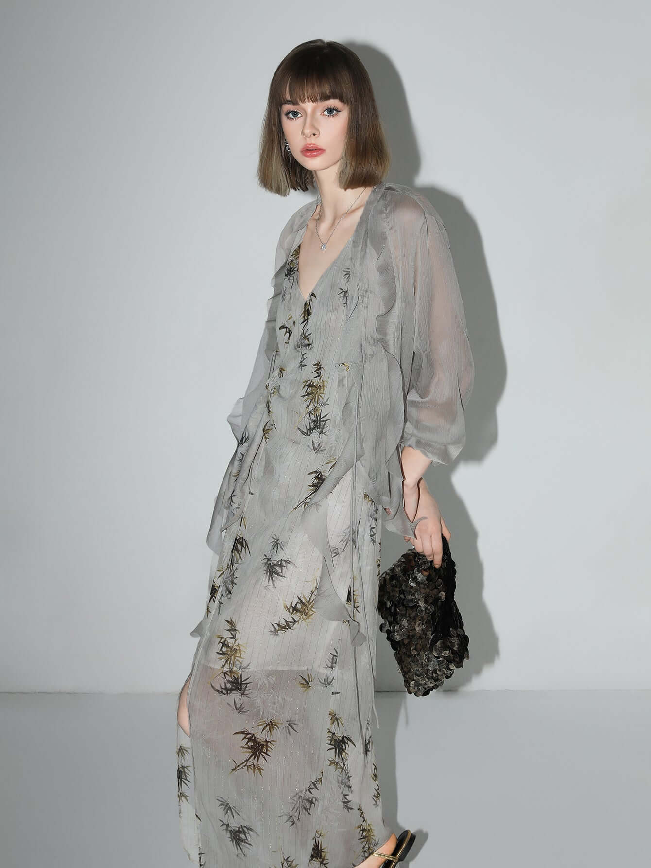 Grey Bamboo Foliage Asymmetrical Wrap Dress-2