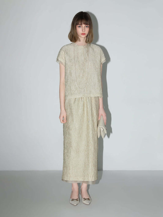 Luxe Contrast Champagne Silk Textured Satin Midi Skirt-1