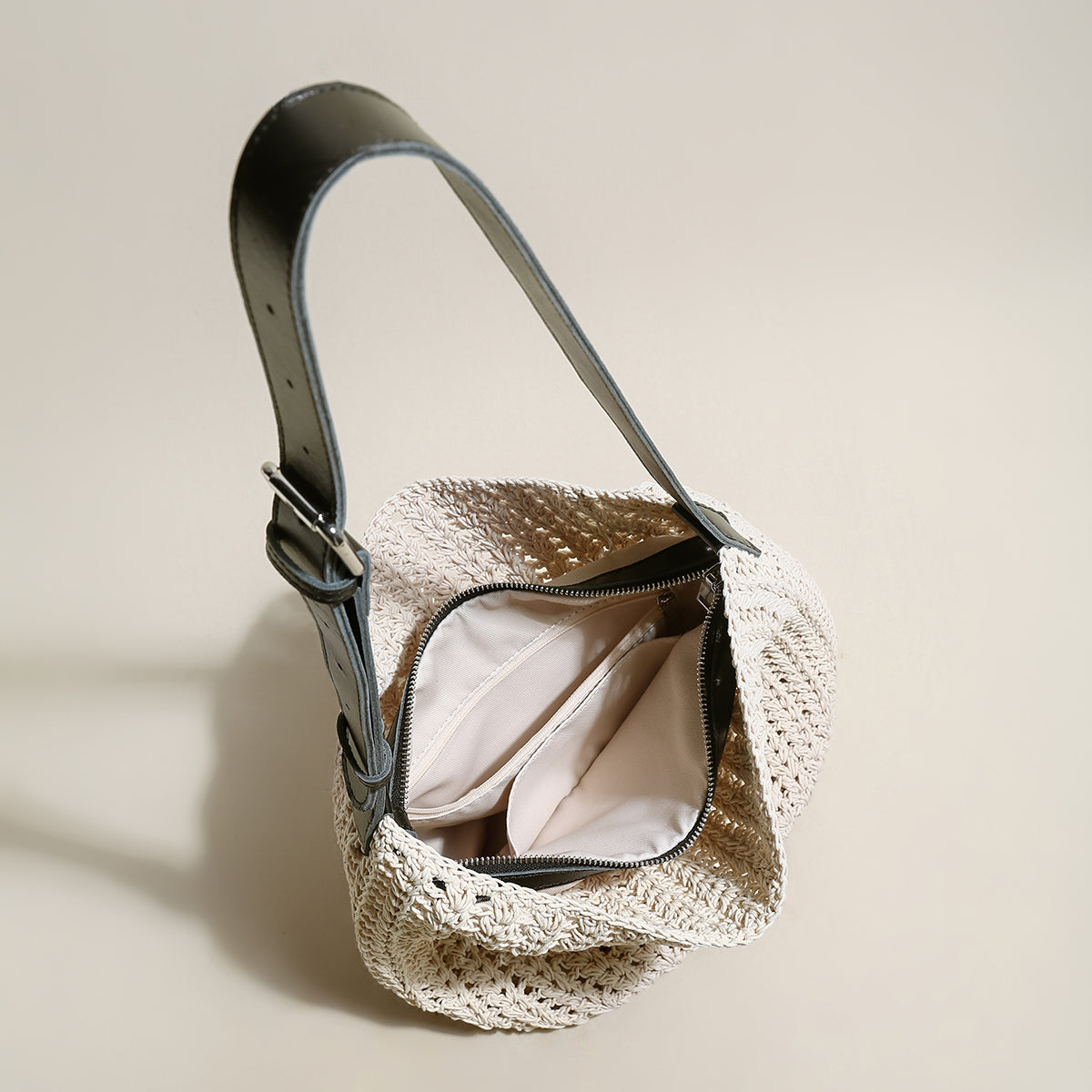 Medium White Beach Tote Bag with Blue Leather Straps-2