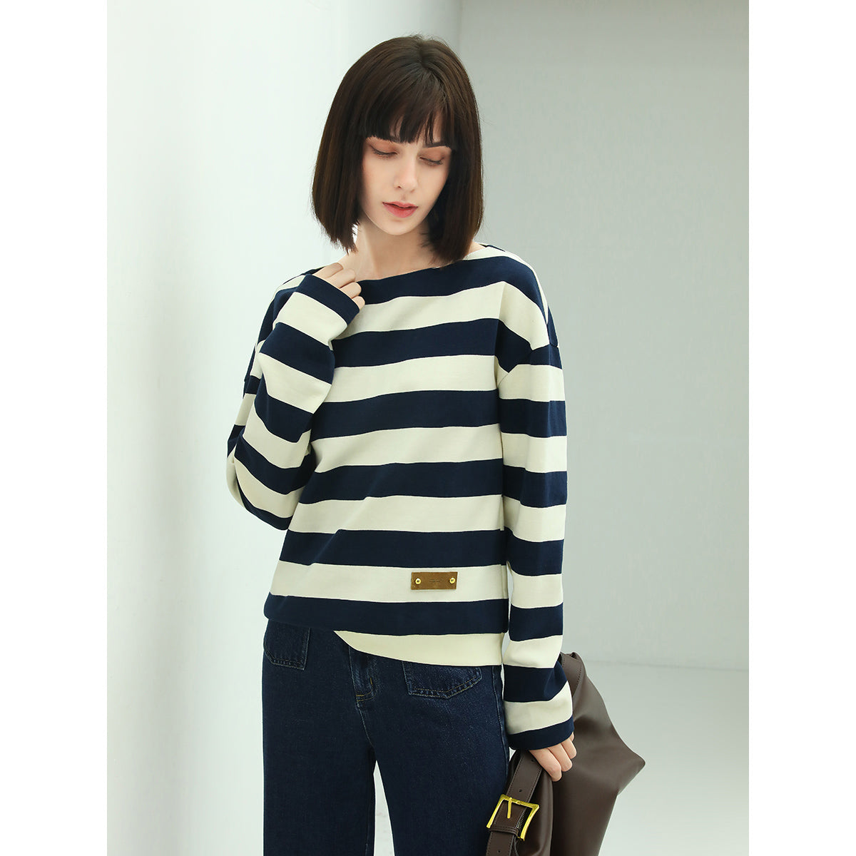 Nautical Boat Neck Long Sleeved Striped Knitted Tee-1