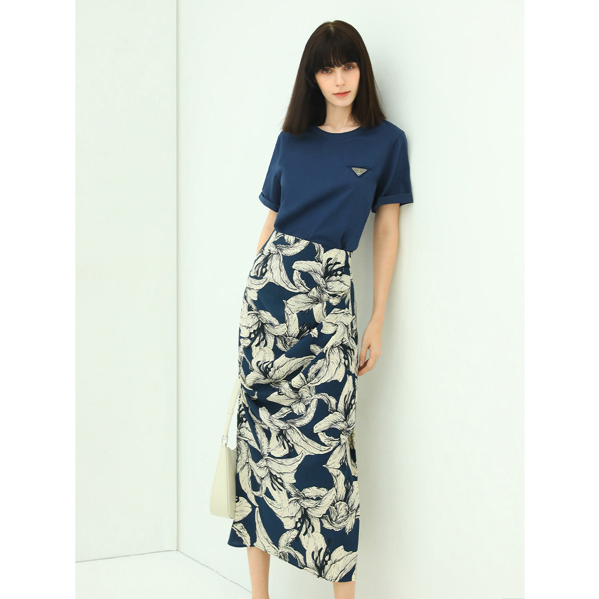 Night Lily Shirring Navy Chiffon Wrap Skirt-1