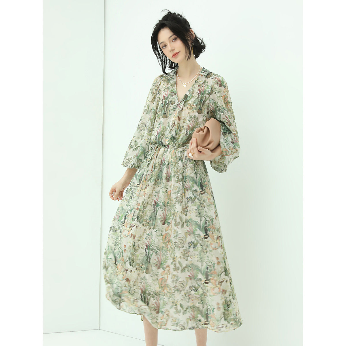 Romantic Floral Long Sleeved Floral Green Midi Dress-1