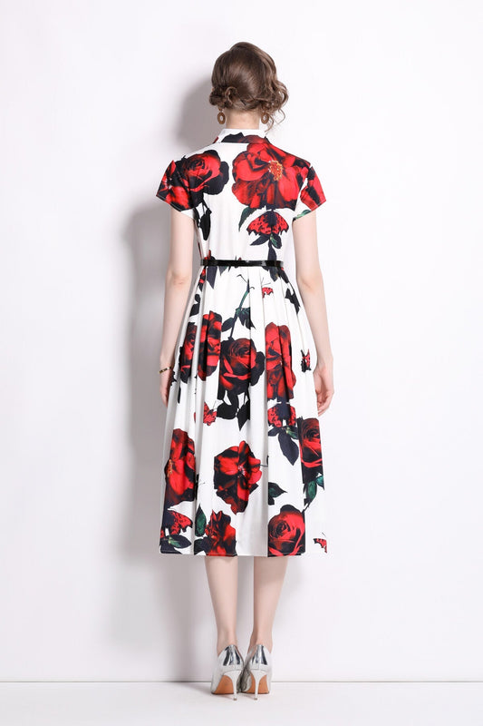 Romantic Rose Lapel Collar Shirt Dress-3