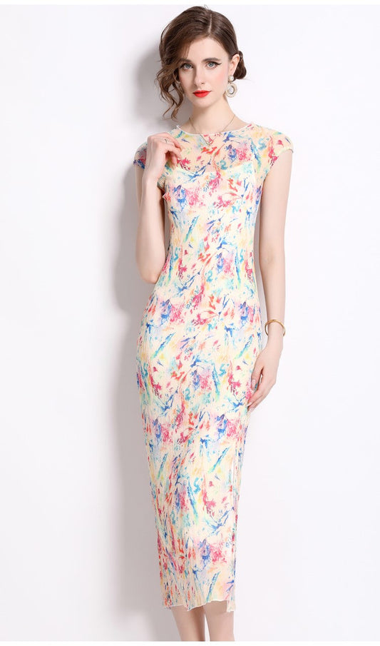 Short Sleeve Double Layer Sheer Rainbow See Through Dress-1