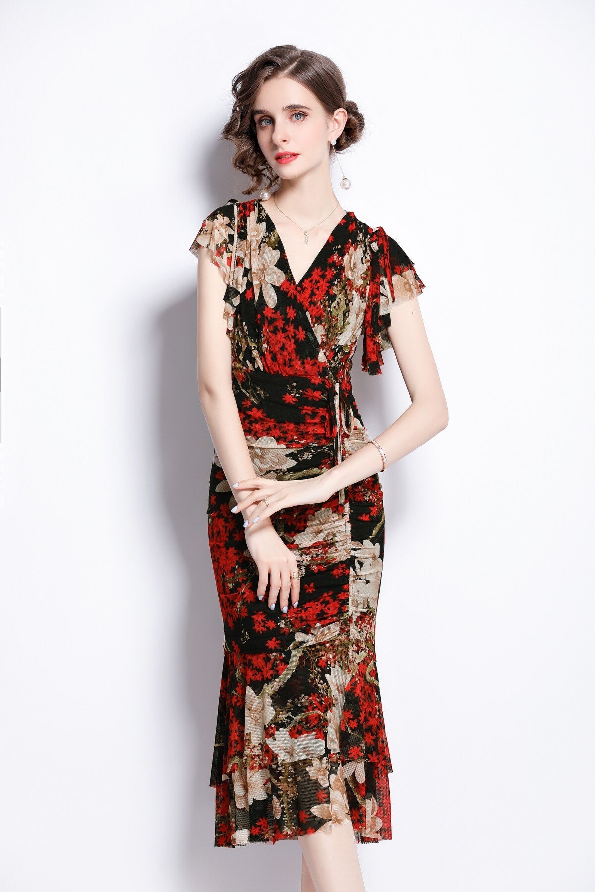 Slim Fit Plunging Neckline Floral Red Bodycon Dress-1
