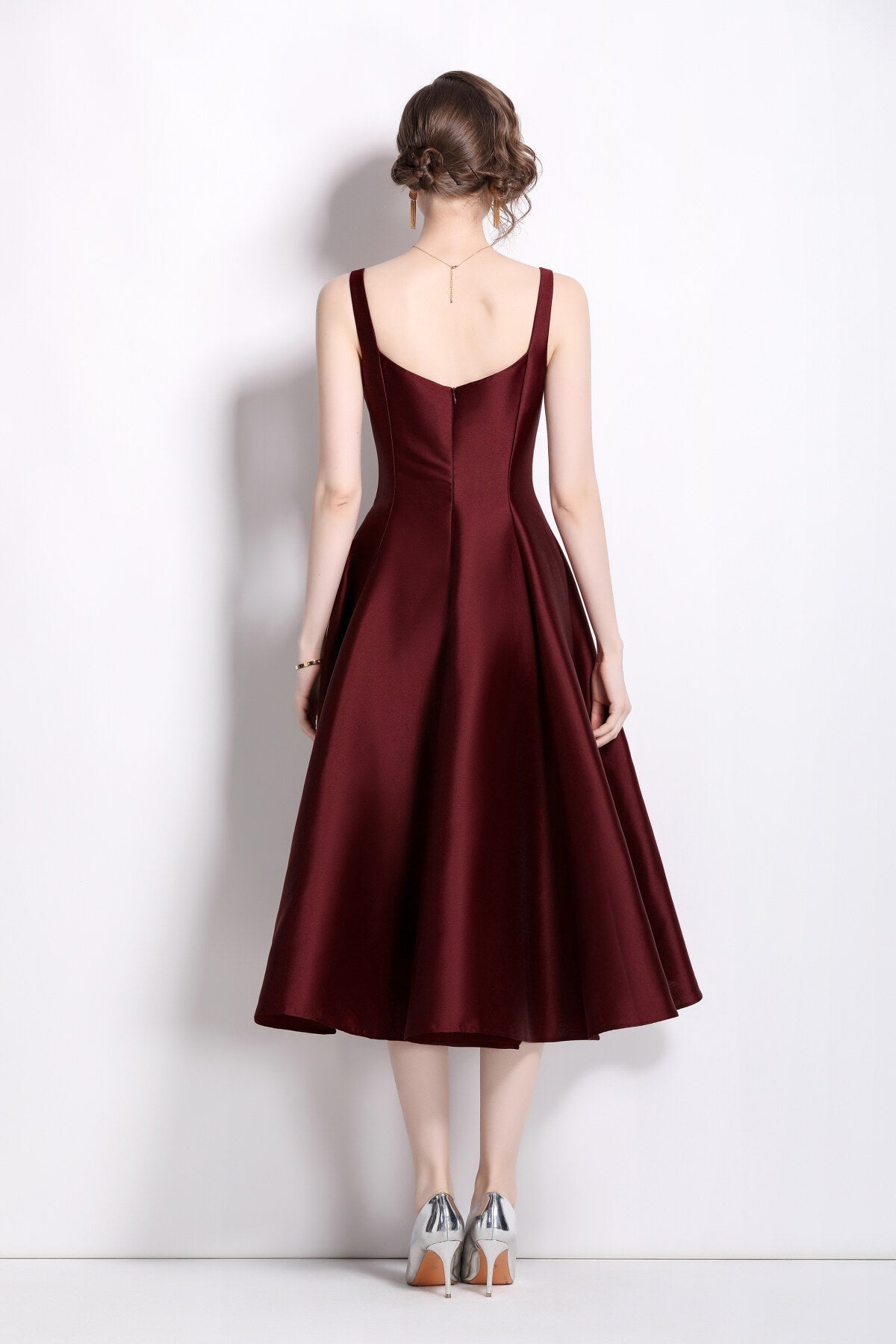 Spaghetti Strap Waist Cinching Maroon Cocktail Dress-3