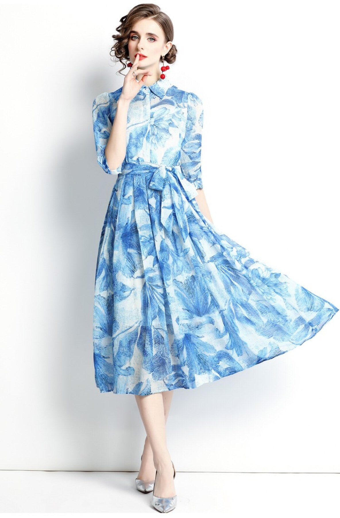 Spring Blue Floral Shirt Dress-0