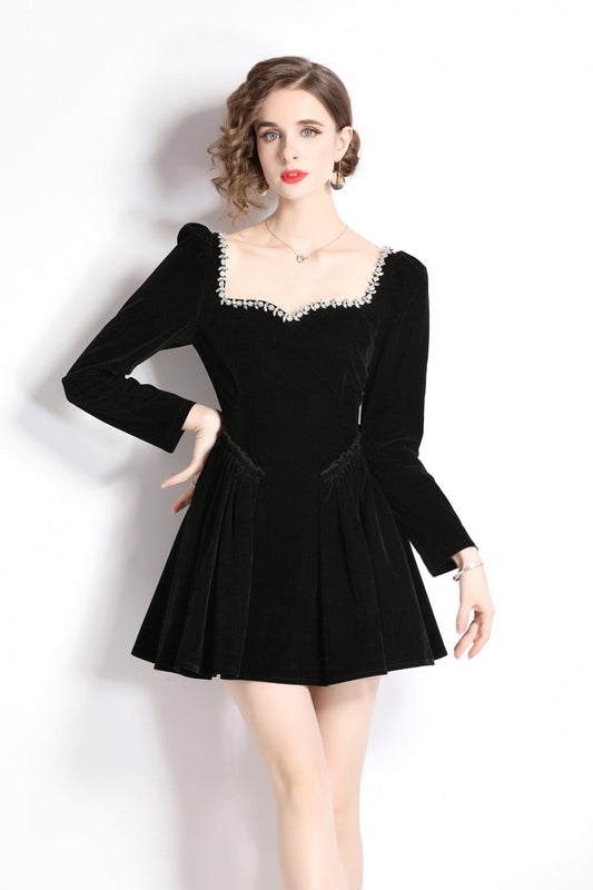 Square Neck Mid Waist Black Vintage Heavy Beaded Velvet Dress-1