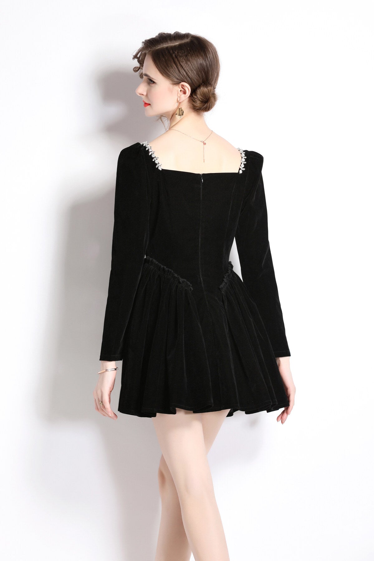 Square Neck Mid Waist Black Vintage Heavy Beaded Velvet Dress-3