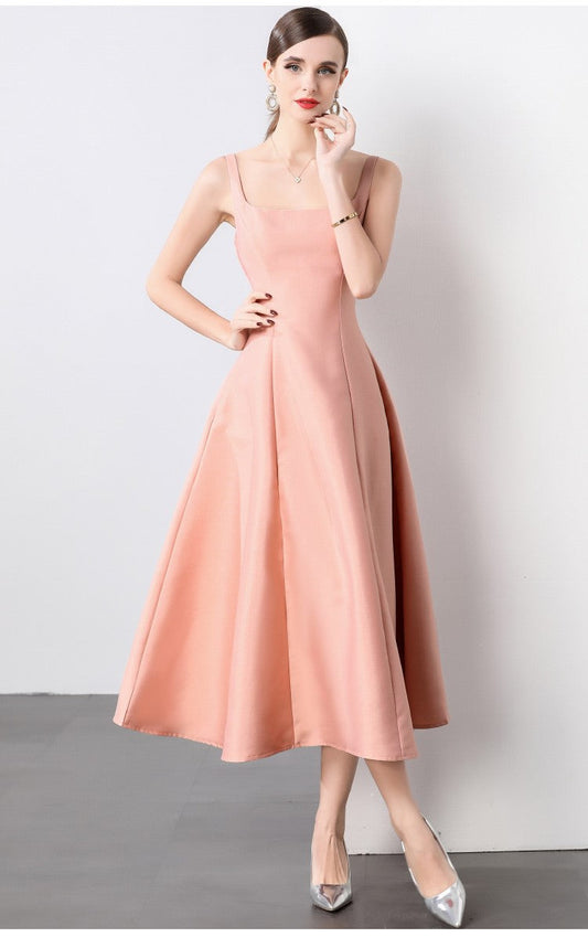 Square Neck Thick Strap Long Flared Ballerina Dress-1