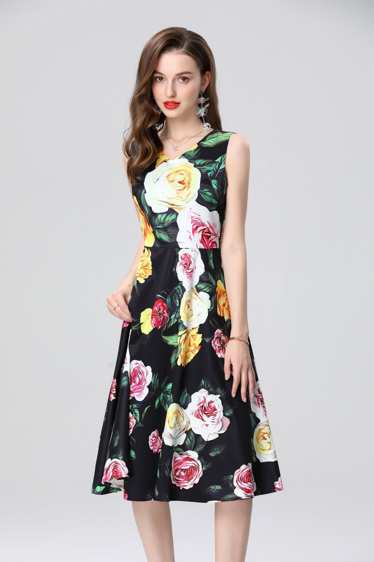 Structured A Line Floral Black Dress-1