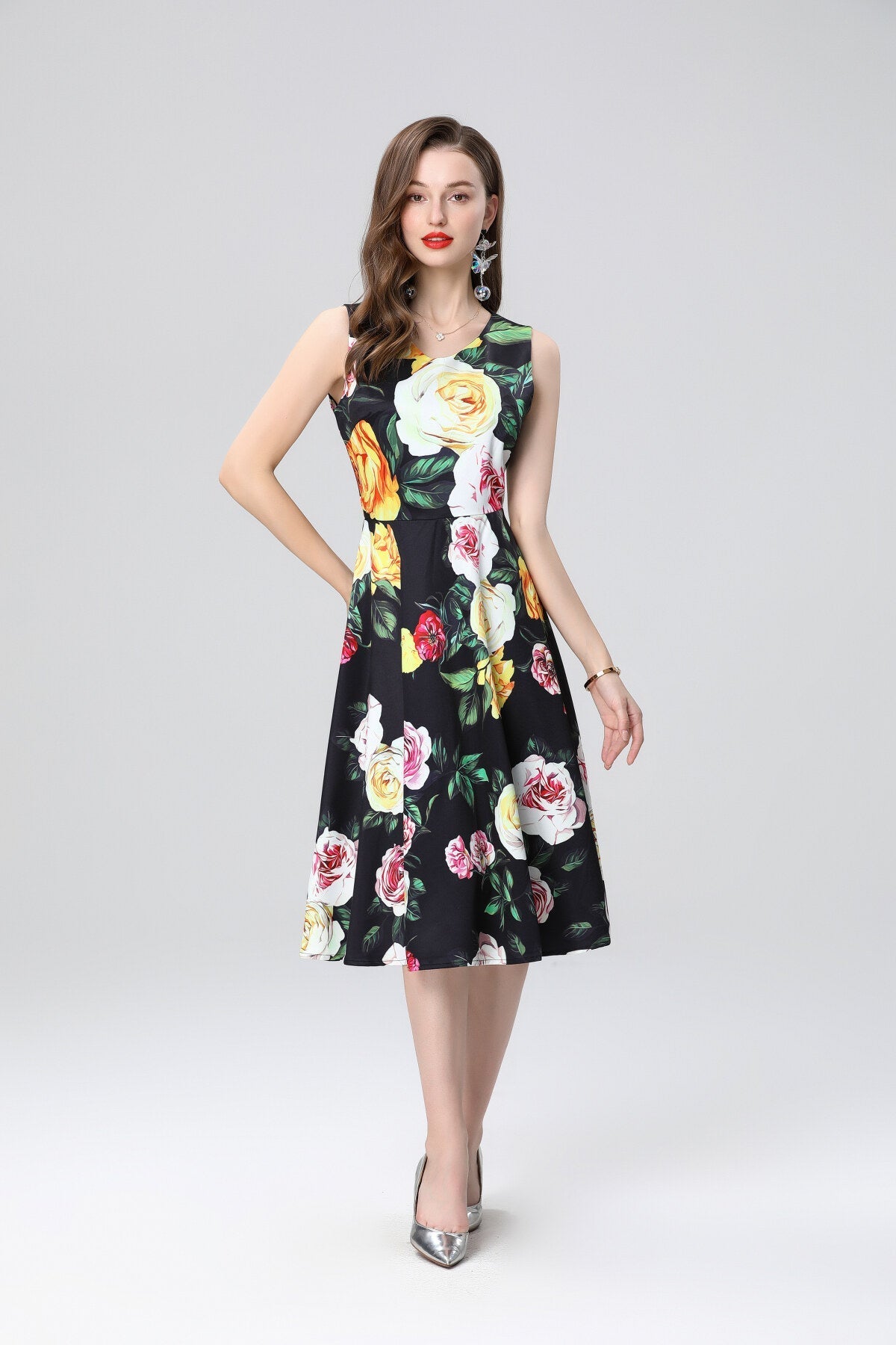 Structured A Line Floral Black Dress-2