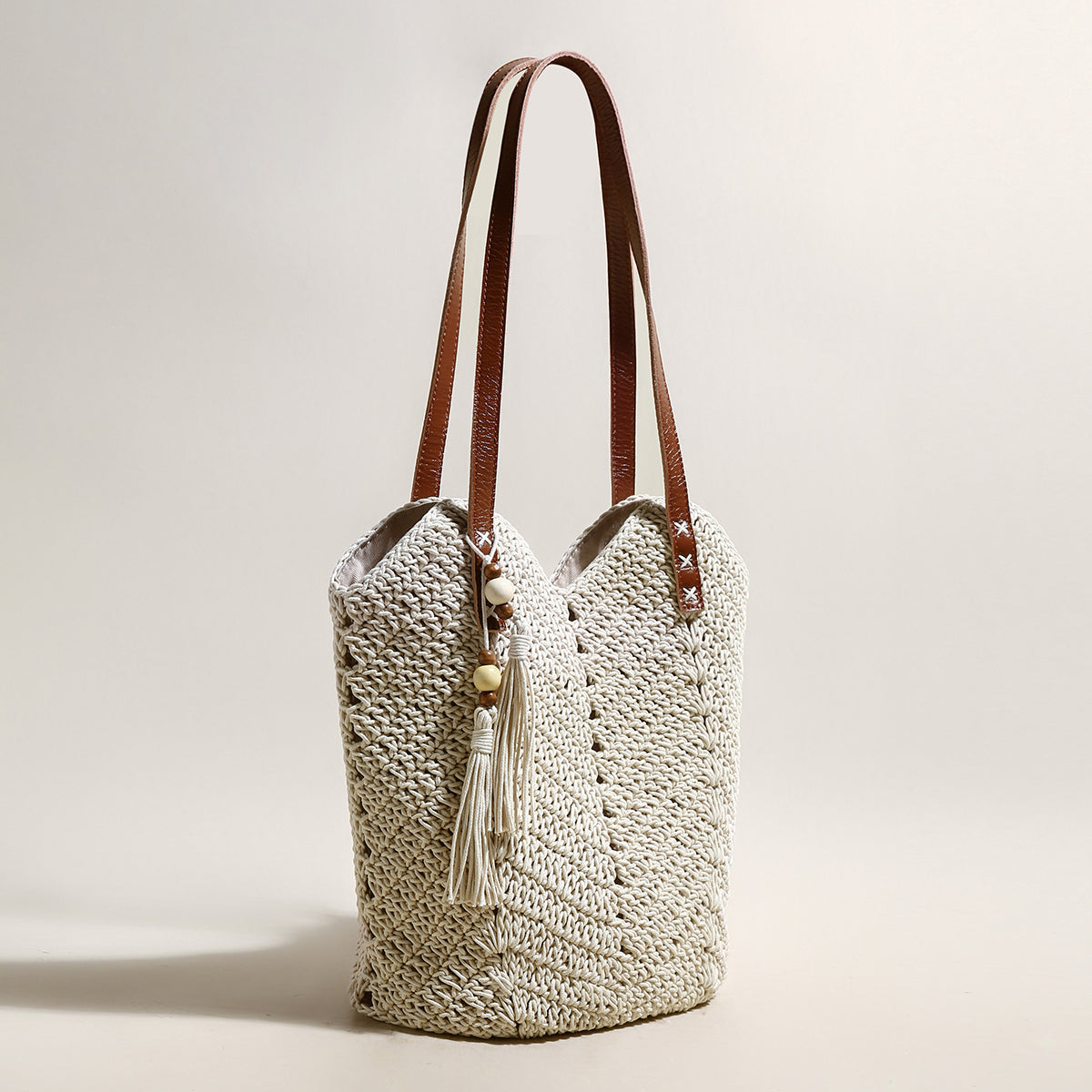 White Boho Chic Leather Strap Crochet Tote Bag-1