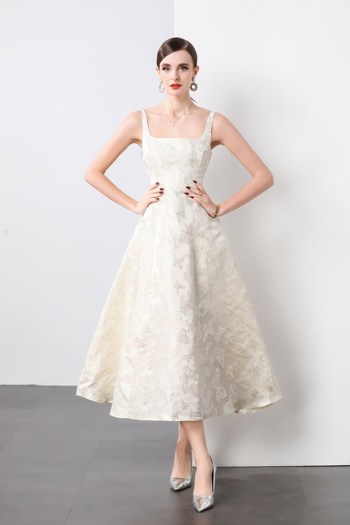 White Jacquard Square Neck Balletcore Wedding Dress-0